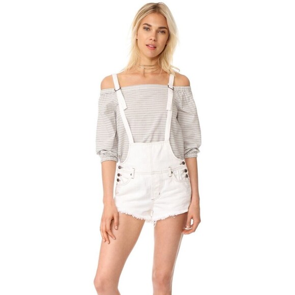 Free People Strappy White Distressed Denim Shortalls Overalls Boho Western 25 - Picture 1 of 11